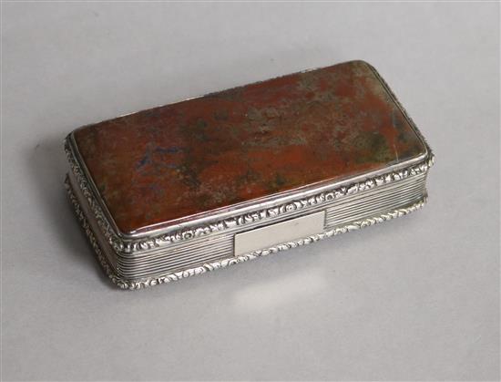 A William IV silver and jasper inset snuff box by Joseph Wilmore, Birmingham, 1830, 98mm.